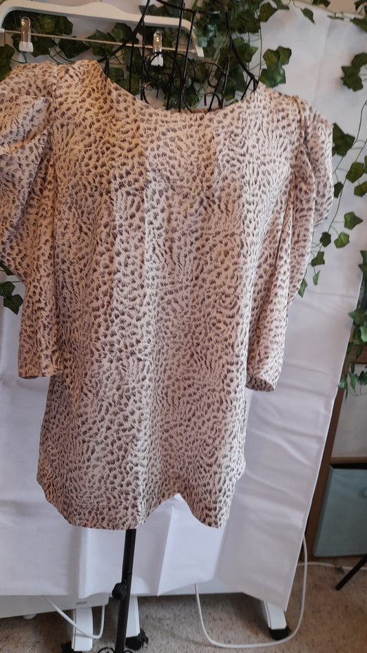 Top - Barkins White & Brown Flutter Sleeve Print. Size 14.