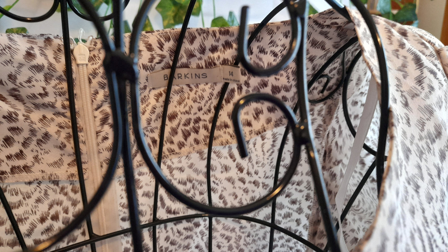 Top - Barkins White & Brown Flutter Sleeve Print. Size 14.