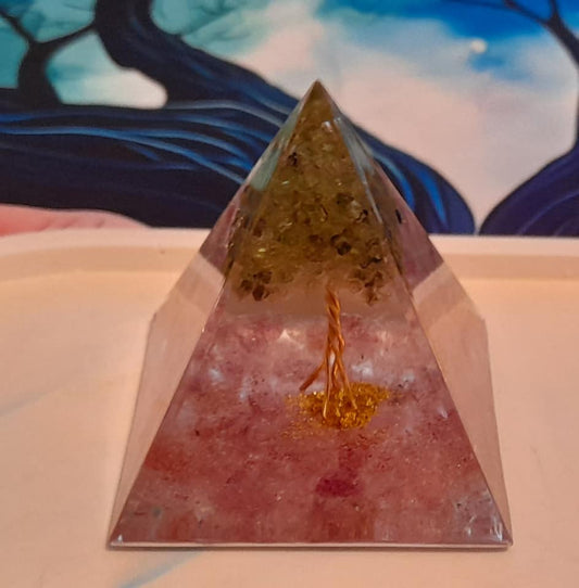 Orgone Generator Crystal Pyramid - Tree of Life with Rose Quarts