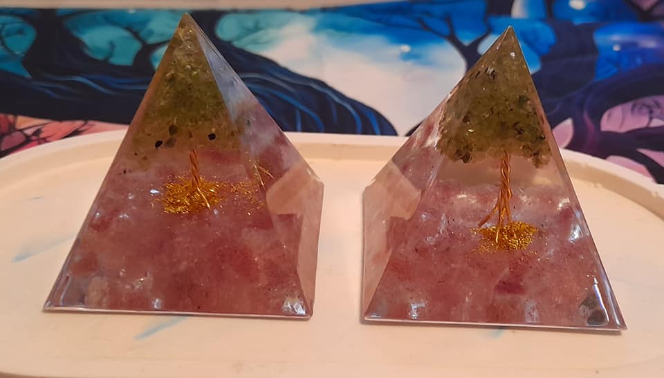 Orgone Generator Crystal Pyramid - Tree of Life with Rose Quarts