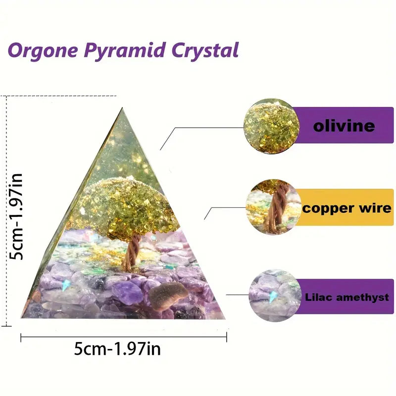 Orgone Generator Crystal Pyramid - Tree of Life with Amethyst & Peridot