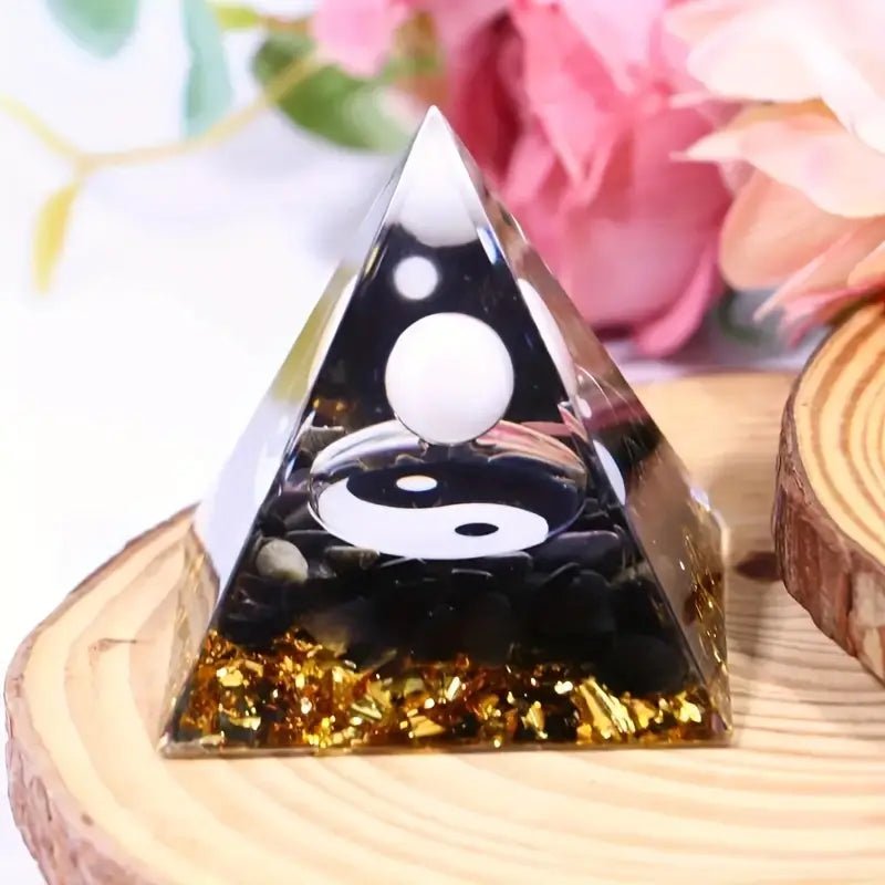 Orgone Generator Crystal Pyramid - Yin Yang with Selenite